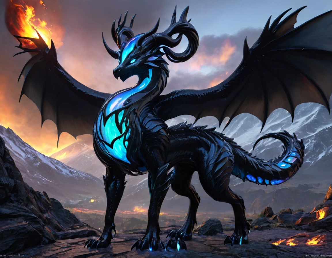 full body portrait of a realistic feminine obsidian dragon, large wings, black ral-opal inner wings, white glowing eyes, wolf shaped head, huge, long body, four legs, many horns, horns, antlers, twisting horns, curled horns, breathing ral-opal fire, mysterious mountain scenery, full body, cinematic, render, 8k, unreal engine, realistic, masterpiece, high detail, full body, low life, extremely intricate, extreme detail, volumetric lighting