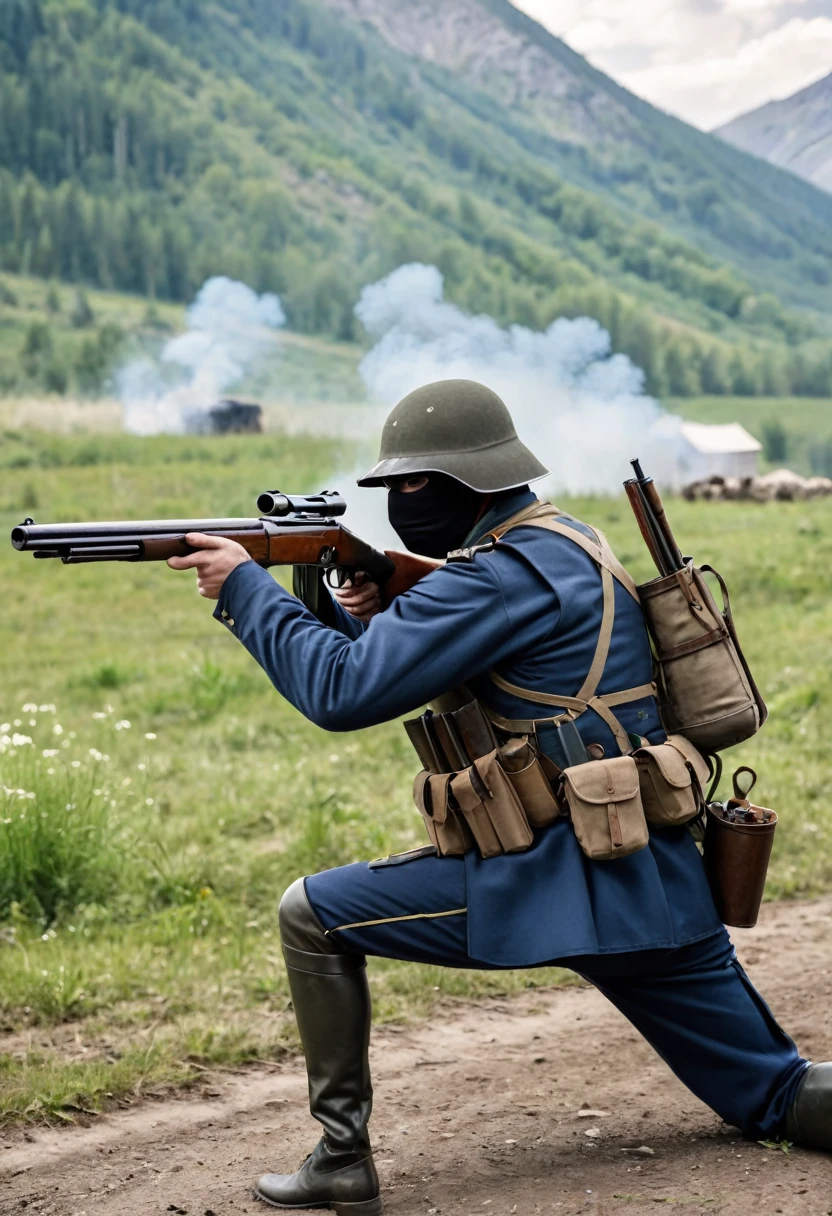European soldier shooting with a double-barreled shotgun at a bandit