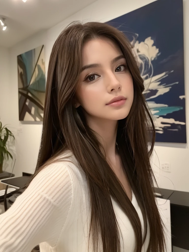 ((best qualityer, 8K, work of art: 1.3)), 1 girl, pretty, Longhaire, estilo selfie