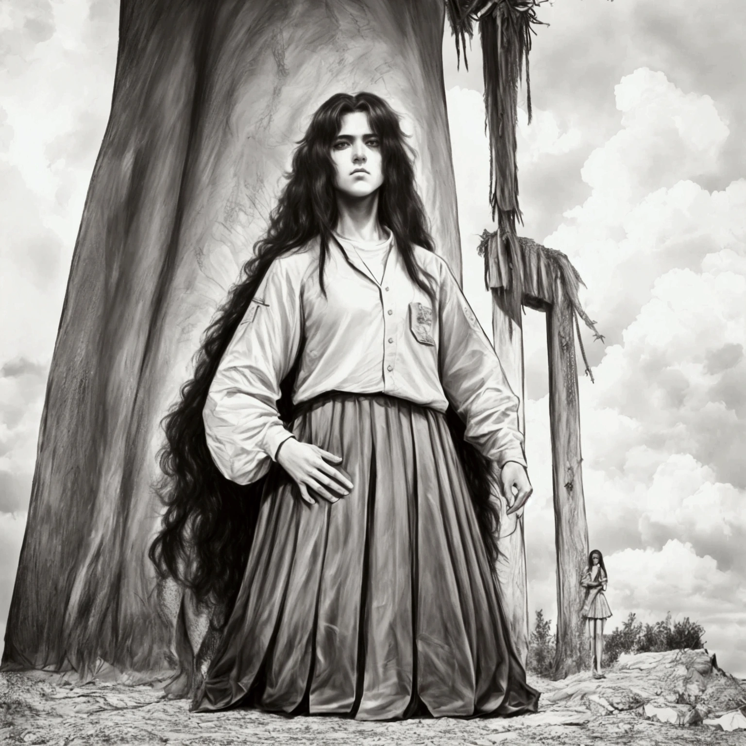 (absurdres, highres, ultra detailed, HDR), (highest quality, masterpiece, Super realistic), 13 year old teenage tall girl, long messy hair, unattractive face, wearing oversized shirt uniform, box pleated long skirt, standing in a long distance from a charming muscular sport boy, stare at each other in silence without expression, indifferent gaze to him, extreme long shot, bird eyes angle