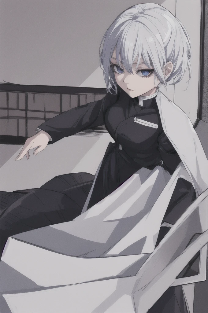 girl with short white hair, blue eyes, demon slayer uniform, black haori, highly detailed high contrast hd masterpiece of best quality in high resolution (without the mask of the mouth) ((more feminine))