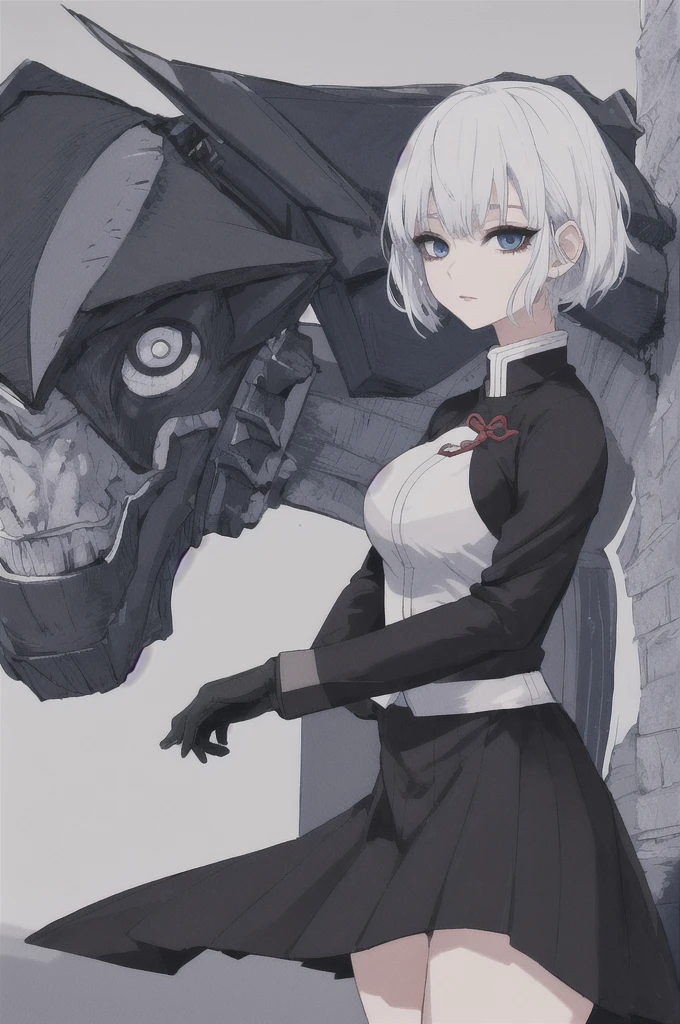 girl with short white hair, blue eyes, demon slayer uniform, black haori, highly detailed high contrast hd masterpiece of best quality in high resolution (without the mask of the mouth) ((more feminine))