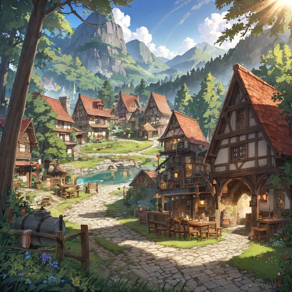 Tabletop RPG Maps, A village surrounded by a deep and mysterious forest, high quality, Incredible detail and captivating atmosphere. Add dramatic lighting elements and shadowakes the scene more immersive. The road leads to the village