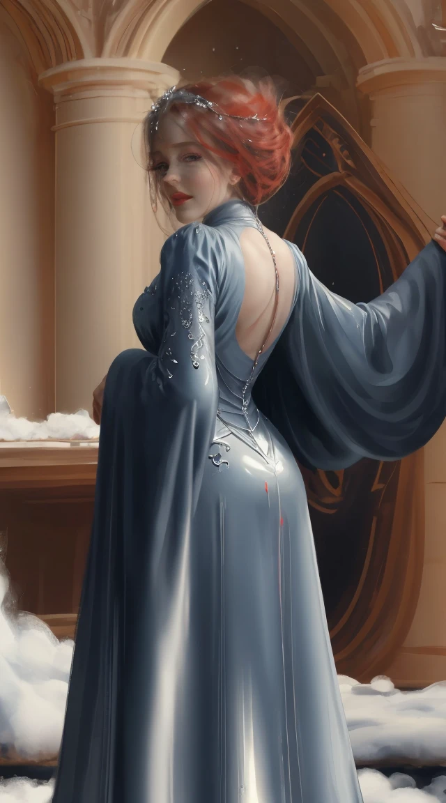 (Masterpiece - Ultra-detailed, very high resolution) Prepare to be enchanted by a true masterpiece that combines ultra-detailed art with high-resolution rendering. This work depicts a mesmerizing woman with very long red hair (1.3) and captivating red eyes (1.2), emanating an aura of elegance and mystery in Victorian settings. The intricate details and realistic textures invite you to explore every aspect of this enchanting composition. Woman wearing beautiful classic Victorian costume from the year 1878. Red lips. Happy face. Smiling. white (white) dress., backwards, looking back, dynamic poses. Get ready to dive into a world where beauty and craftsmanship merge perfectly.
