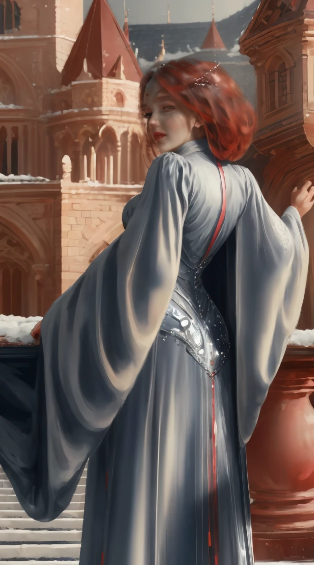 (Masterpiece - Ultra-detailed, very high resolution) Prepare to be enchanted by a true masterpiece that combines ultra-detailed art with high-resolution rendering. This work depicts a mesmerizing woman with very long red hair (1.3) and captivating red eyes (1.2), emanating an aura of elegance and mystery in Victorian settings. The intricate details and realistic textures invite you to explore every aspect of this enchanting composition. Woman wearing beautiful classic Victorian costume from the year 1878. Red lips. Happy face. Smiling. white (white) dress., backwards, looking back, dynamic poses. Get ready to dive into a world where beauty and craftsmanship merge perfectly.