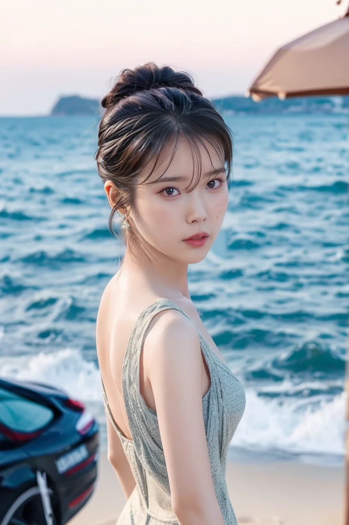 (Best quality, 8k, 32k, Masterpiece, UHD:1.2), 1girl, beautiy Japanese woman, a woman in denim shorts posing on the beach at sunset, Lee Ji Eun, hot with shining sun, hwang se - on, casual pose, lee ji-eun, lee ji - eun, gorgeous young korean woman, korean girl, beautiful young korean woman, korean women's fashion model, sakimichan, IU