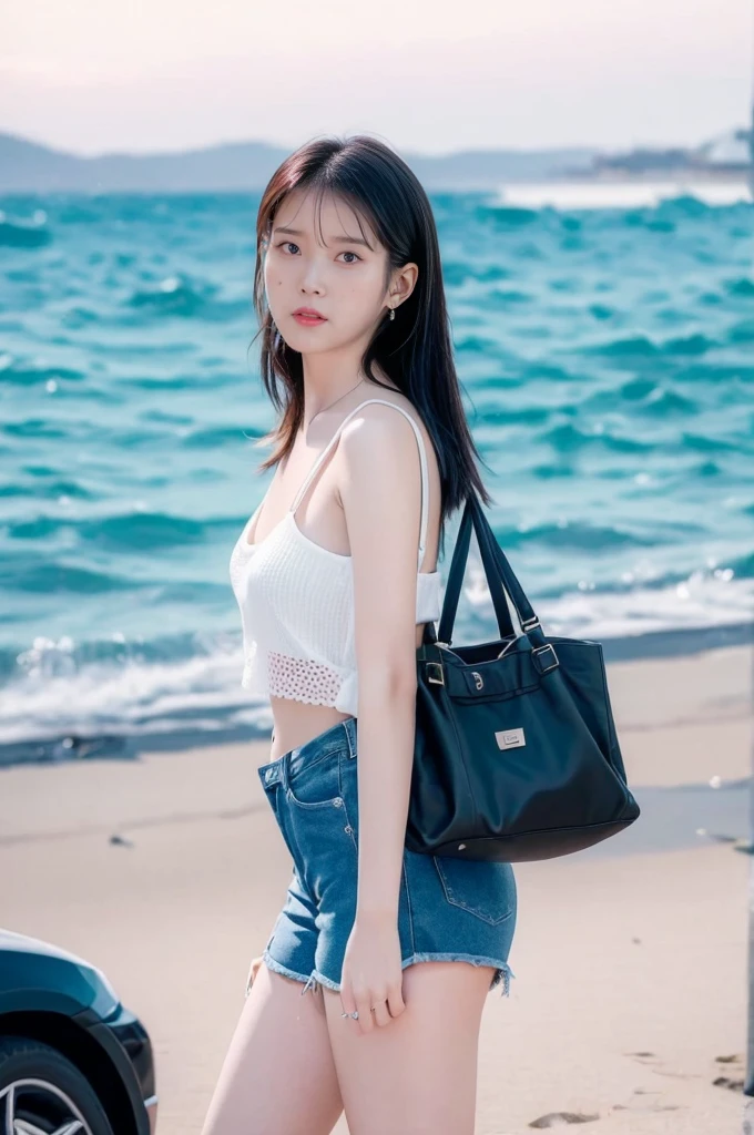 (Best quality, 8k, 32k, Masterpiece, UHD:1.2), 1girl, beautiy Japanese woman, a woman in denim shorts posing on the beach at sunset, Lee Ji Eun, hot with shining sun, hwang se - on, casual pose, lee ji-eun, lee ji - eun, gorgeous young korean woman, korean girl, beautiful young korean woman, korean women's fashion model, sakimichan, IU