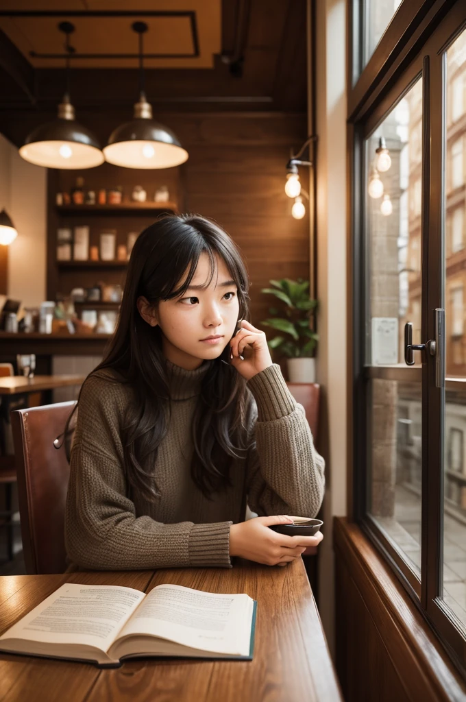 A person sitting in a cozy cafe, with an open philosophy book and a thoughtful expression, reflecting on deep questions.