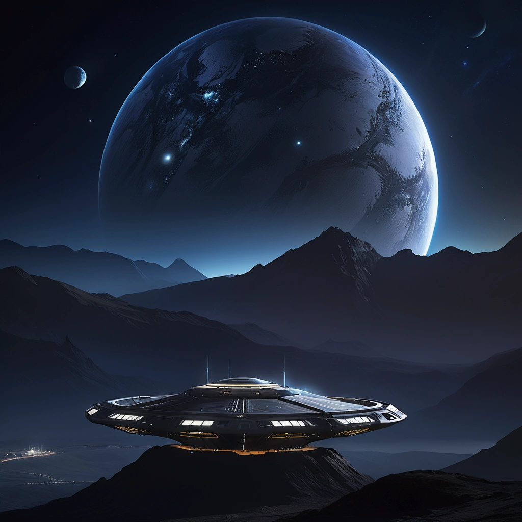 A spacecraft base platform，A mountain in the background, Star Citizen Halo, Sci-fi lens, Inspired by Jessica Rossier, Unreal Engine 4K Wallpaper, Future Spaceport, Planets in space, Star Citizen Origins 100i, star citizen digital art, scifi nightscape, Epic and beautiful space science fiction, Sci-fi background, Space landscape, Interstellar Space Setting