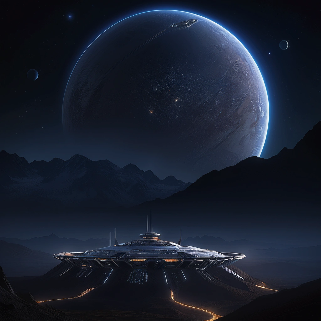 A spacecraft base platform，A mountain in the background, Star Citizen Halo, Sci-fi lens, Inspired by Jessica Rossier, Unreal Engine 4K Wallpaper, Future Spaceport, Planets in space, Star Citizen Origins 100i, star citizen digital art, scifi nightscape, Epic and beautiful space science fiction, Sci-fi background, Space landscape, Interstellar Space Setting