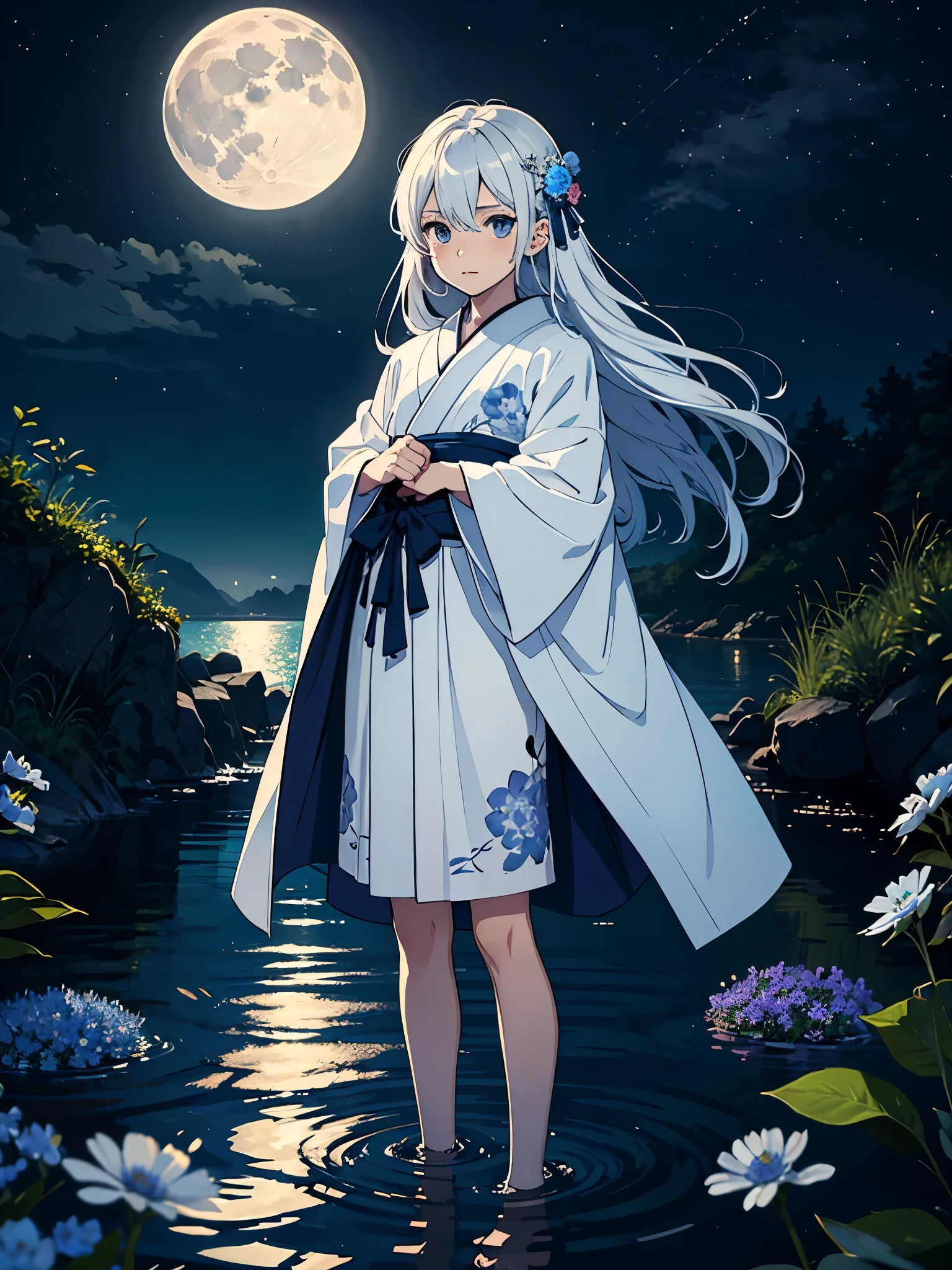 Kimono blau. . cutie pie. Younger. More anime. male. Light Blue flowers. Long hair. long white hair. aquatic, boy, God of the Moon, silver hair accessories, White hair, White dress, cape, at night.