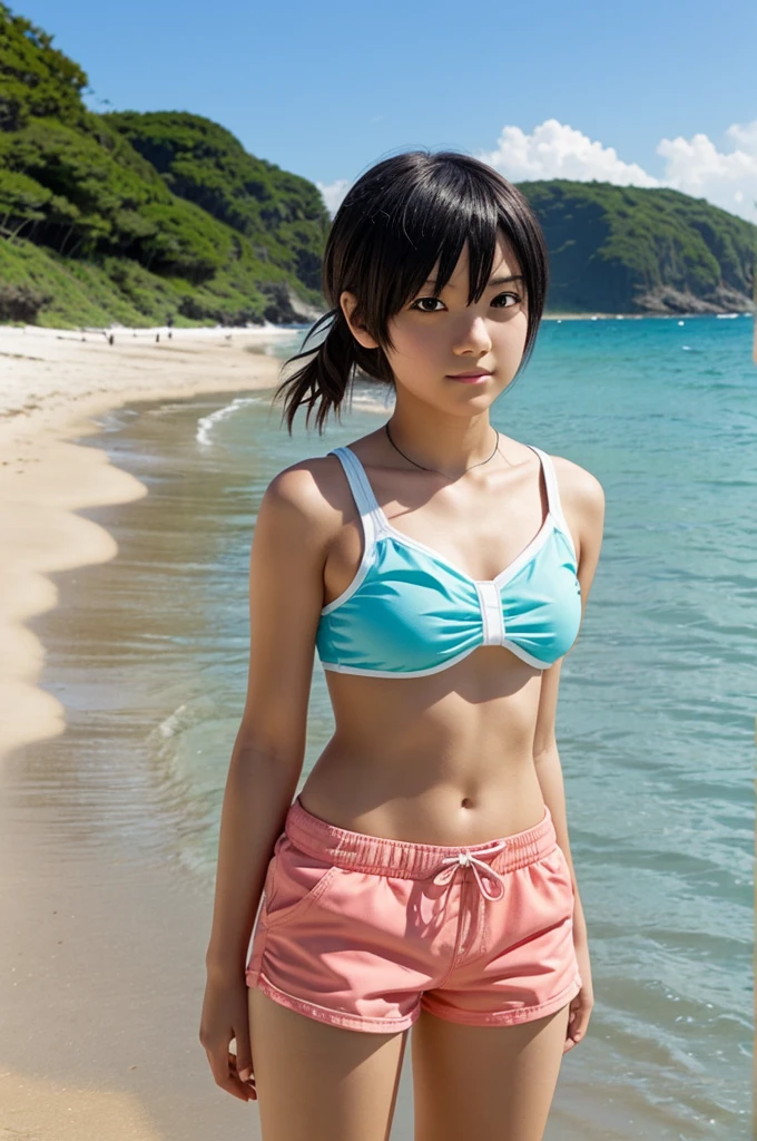 Can you generate an image for me of an otaku teenager on the beach wearing very short shorts?