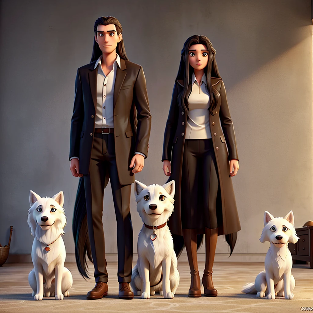Image of a tall man and a woman with long black hair with a white wolfdog and a small brown dog