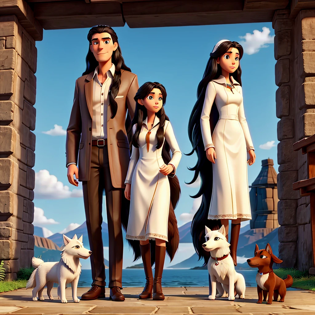 Image of a tall man and a woman with long black hair with a white wolfdog and a small brown dog