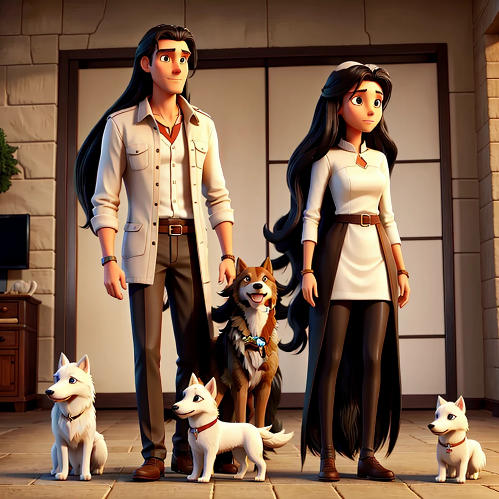 Image of a tall man and a woman with long black hair with a white wolfdog and a small brown dog