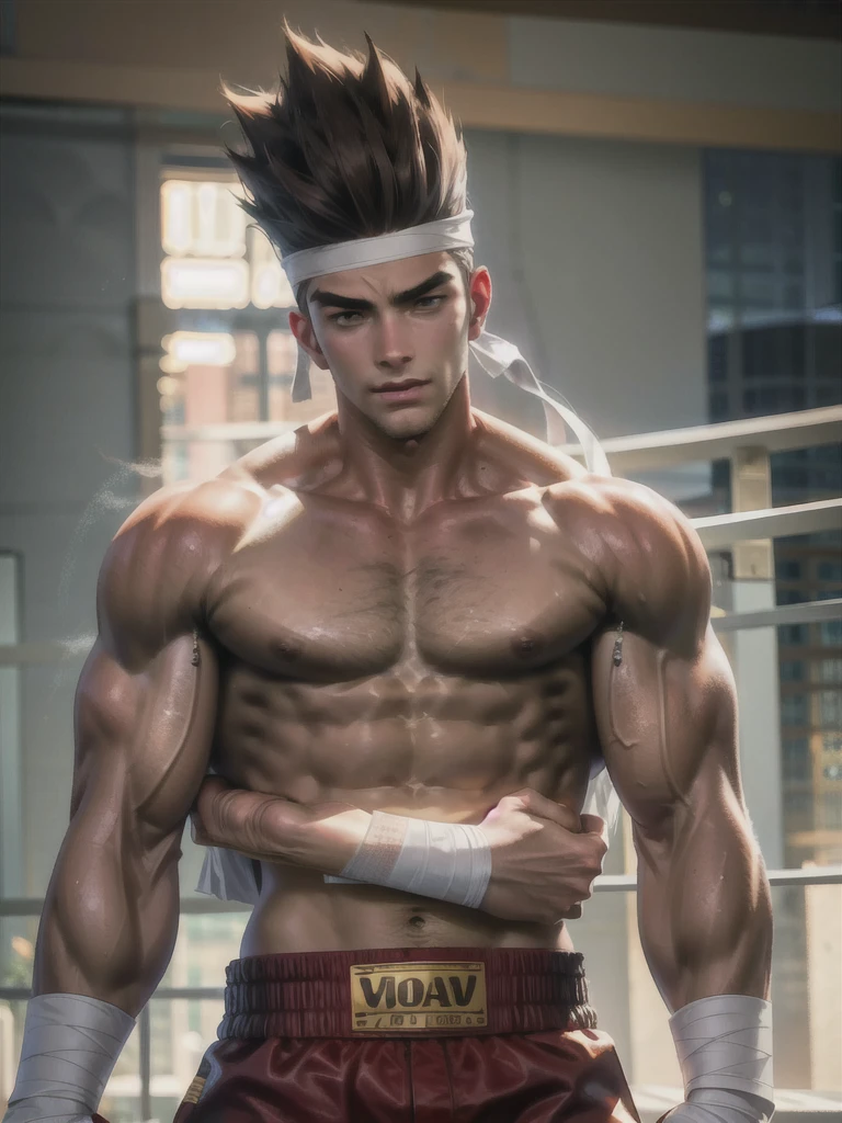 25-year-old man, alone, athletic, muscular, tall hair, white band on his forehead, no shirt, wears white bandages that cover almost his entire forearm, wears red shorts, looking seriously at the viewer, kick guard position boxing, cinematic, ultra sharp focus, award winning photography, perfect contrast, high sharpness, depth of field, ultra detailed photography, global illumination, fluid, ultra high definition, 8k, Unreal Engine 5, ultra sharp focus, award winning photography, trends art season,