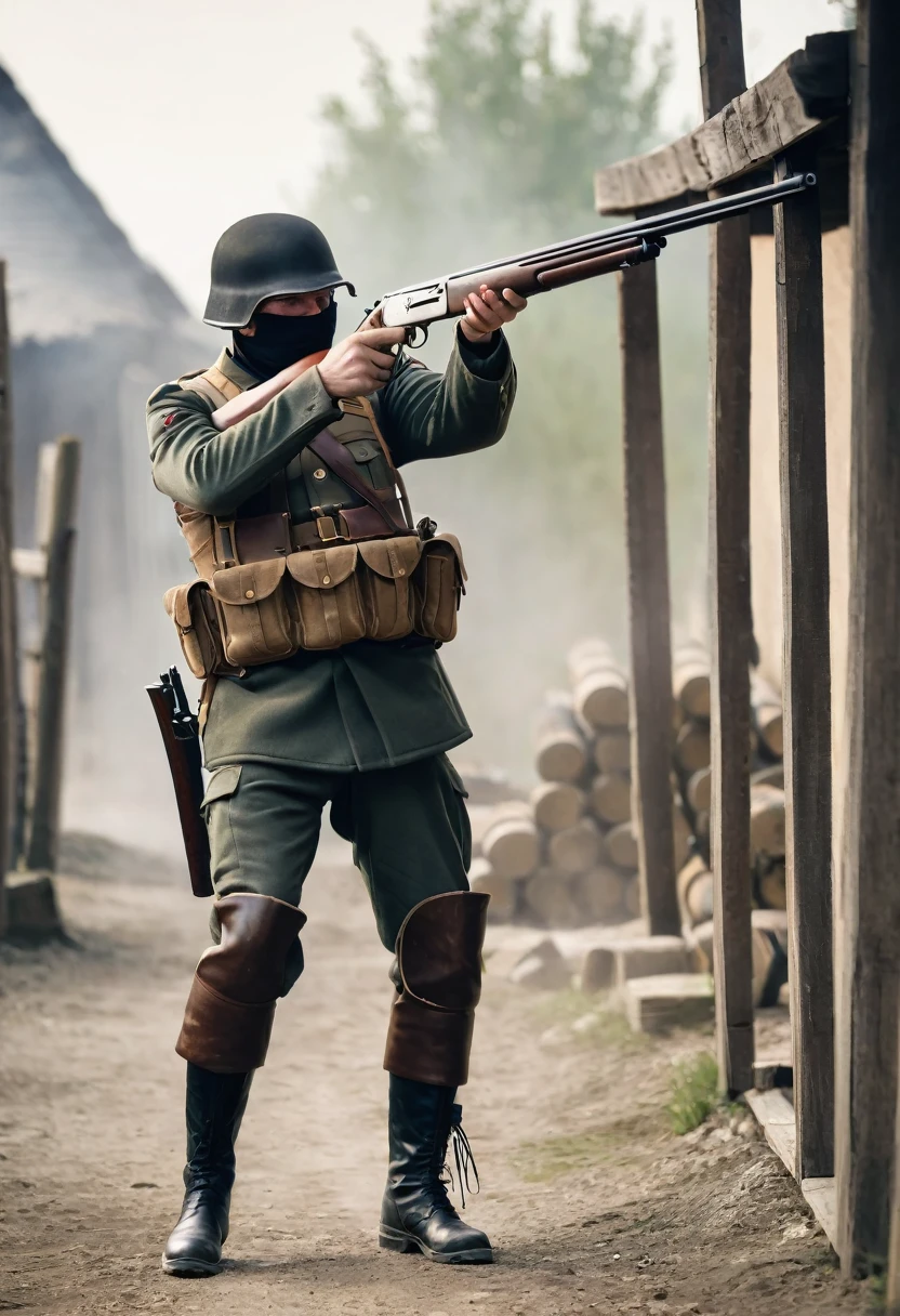 European soldier shooting with a double-barreled shotgun at a bandit