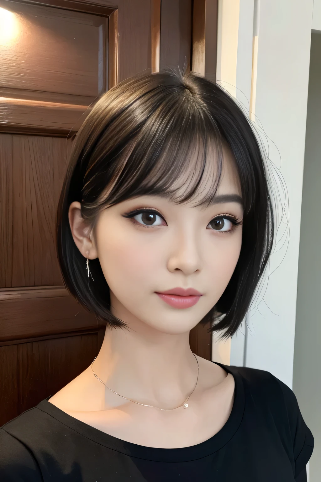 (masterpiece:1.4), (Highest quality:1.4), 4K, 8K, 超High resolution, 超High resolutionolution, Super detailed, ((Features of Detailed face)), High resolution, (Realistic, photoRealistic, photo-Realistic:1.37),、Close-up photo with focus on face、One Japanese woman、28-year-old newlywed housewife、Perfect Makeup、Dark eyeshadow、Dark eyeliner、False eyelashes、Watching the audience、Standing in front of the front door、One-length short bob cut、Black T-shirt detailed eyes、Accurately drawn eyes、Symmetrical eyes、Detailed face、