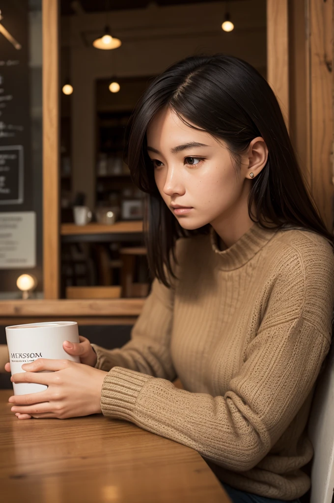 A person sitting in a cozy cafe, with an open philosophy book and a thoughtful expression, reflecting on deep questions.