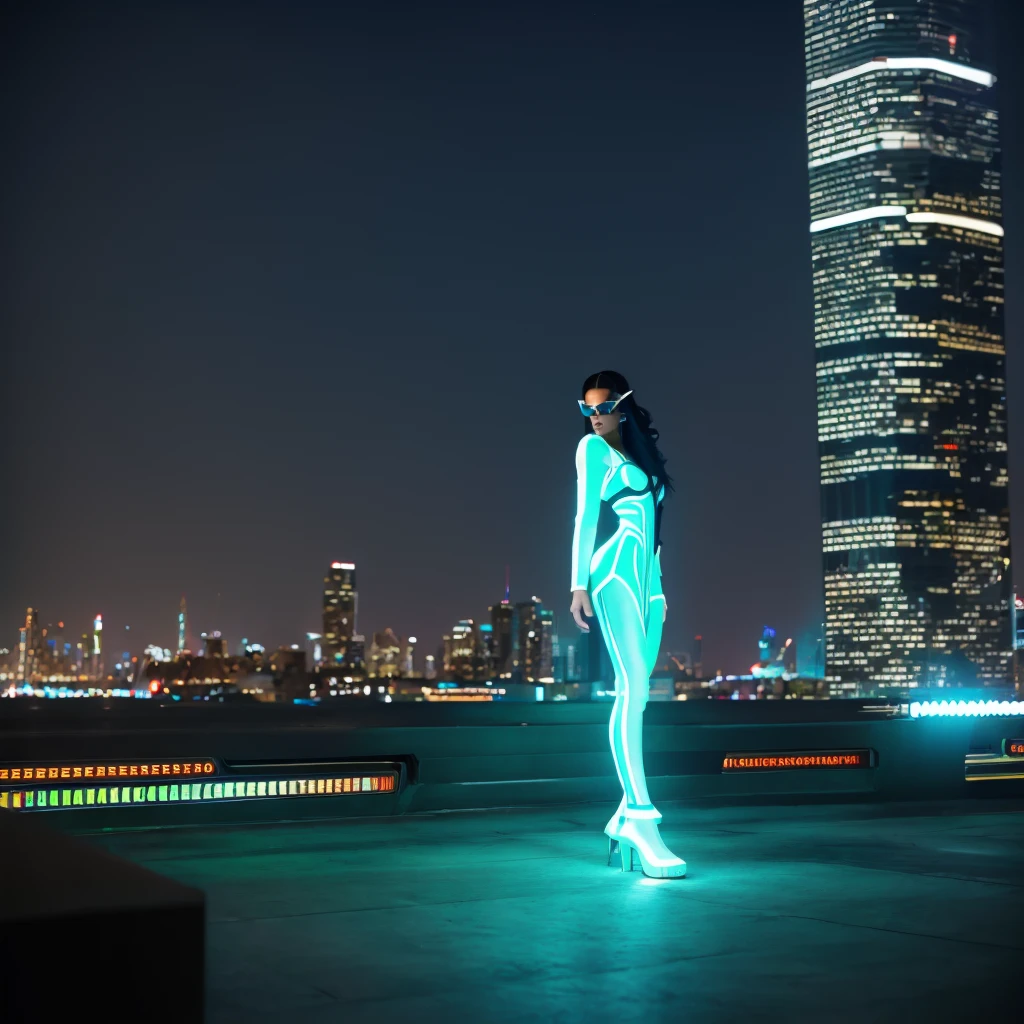 Amid the vastness of a futuristic metropolis, a black woman of stunning beauty stands at the top of a skyscraper, surrounded by a crowd. Her long black hair cascades over her shoulders, complementing her thin nose and brown eyes that shine in the starlight and city lights. She is dressed in a futuristic white outfit, adorned with neon lights in shades of green, lilac, yellow and blue, which blink and shine, highlighting her in the darkness of the night. Her feet are clad in white platform boots, which add a touch of elegance to her look. In her hands, which are intricately designed androids full of wires and circuits, she holds a cell phone. His attention is completely focused on the device's screen, his brown eyes reflecting the vibrant neon lights around him. The city in the background is a sea of ​​illuminated skyscrapers, each building competing to touch the sky, creating a spectacular, futuristic skyline. The people around her, equally fascinated by technology and modernity, move with purpose, but it is she who captures the moment, immersed in her own digital world.
