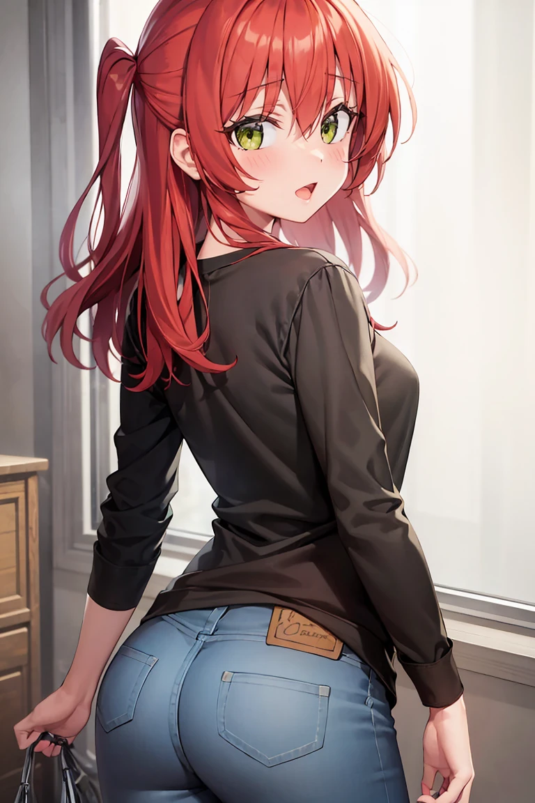 room, 1 Girl, Highest quality, Ultra-high resolution, Long Hair, Redhead, Green Eyes,Looking at the audience, Small breasts , Shy face、Watery eye, Open your mouth、Cowboy Shot、T-Shirts、Jeans trousers、Western-style room,Backwards、look back