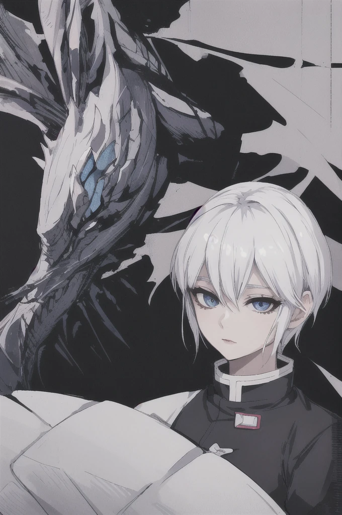 girl with short white hair, blue eyes, demon slayer uniform, black haori, highly detailed high contrast hd masterpiece of best quality in high resolution (without the mask of the mouth) ((more feminine))