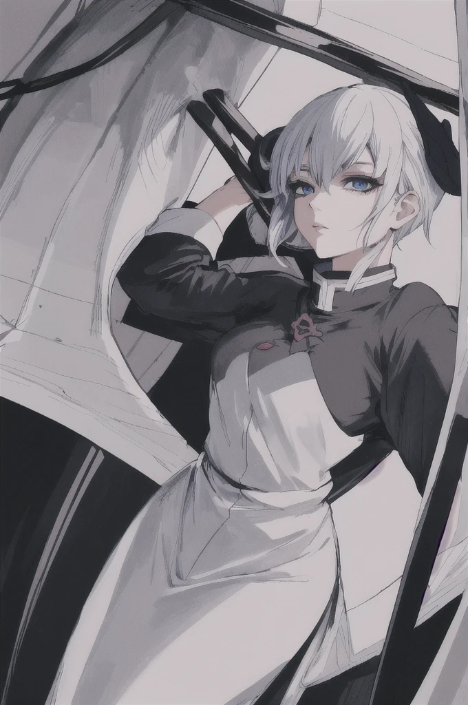 girl with short white hair, blue eyes, demon slayer uniform, black haori, highly detailed high contrast hd masterpiece of best quality in high resolution (without the mask of the mouth) ((more feminine))