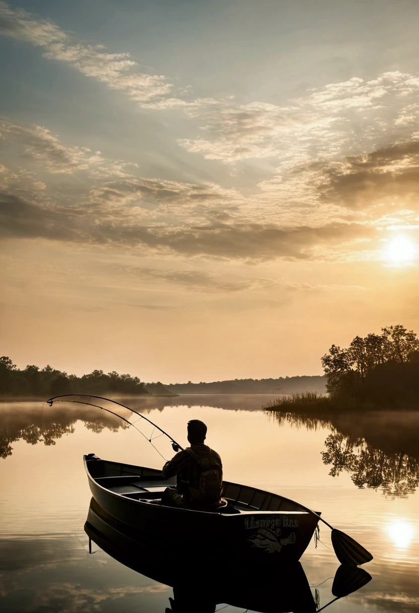The largemouth bass inside is transparent.、A silhouette landscape of a man in a boat fishing on a lake。