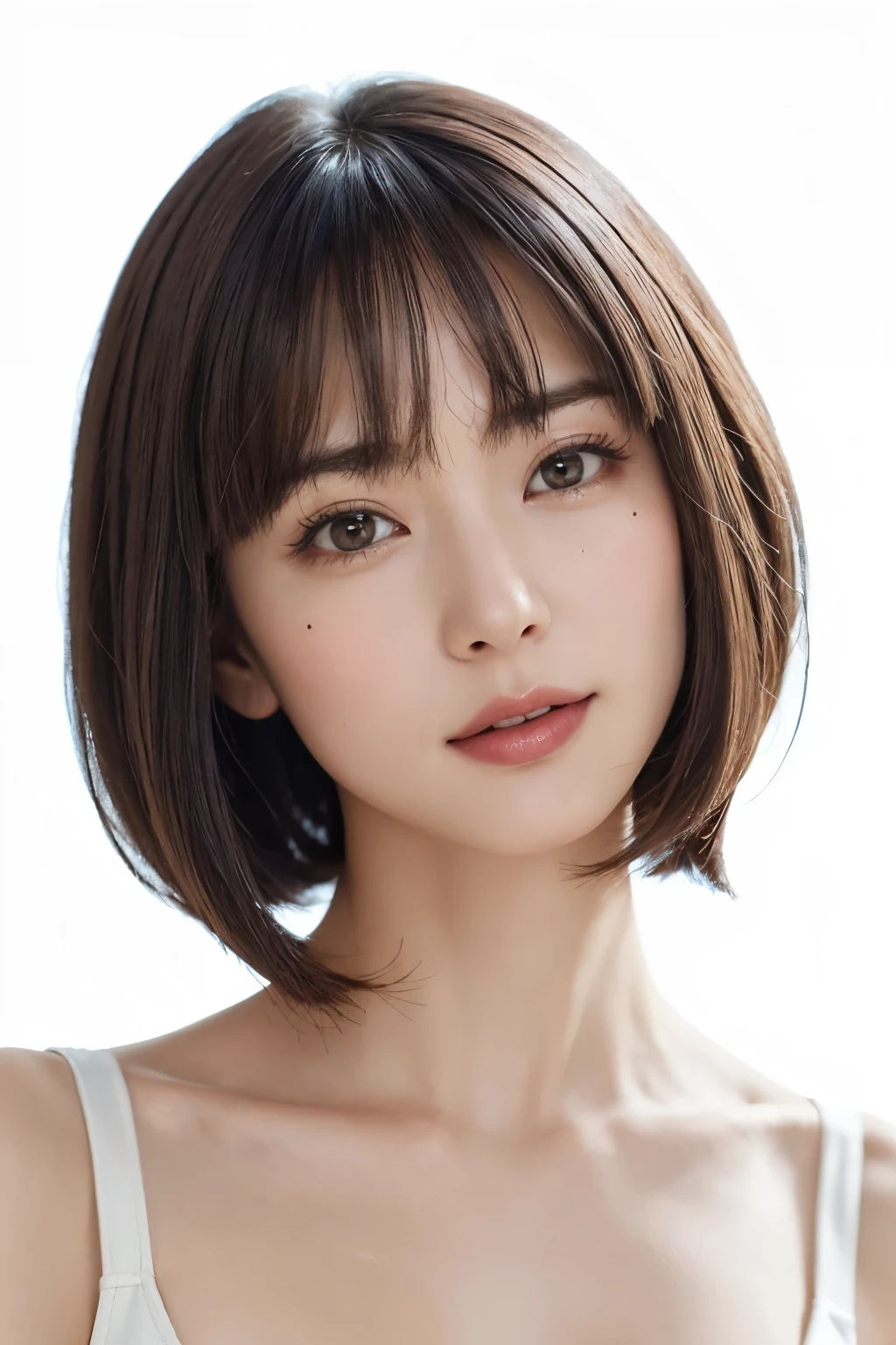 ((masterpiece, Highest quality, High resolution,Everything is beautifully detailed)), One Girl, (Realistic: 1.4), alone, White Background, snow-White Background, ((From above, A little above, look up at the viewer, look up, look up at the camera, Looking into the camera)), Mouth closed, Smile, Smile, Smile, Beautiful black hair, bangsのあるショートヘア,bangs, Big eyes, Transparent double eyelids, eyelash, Listen carefully, Long neck, Long neck, Absolute area, (Draw the whole head, shoulder), 19 years old, Attractive proportions, Perfect Anatomy,Shiny skin, Beautiful collarbone, Golden ratio face, Perfect Face, Tearful mole, Mole on chest, bangs, clean bangs, Lip gloss, Thin lips, Fair skin, naked, Big Breasts, Small face, Small face, Draw the whole head, draw all shoulder,{gigantic|big|huge|mega} breasts, cleavage