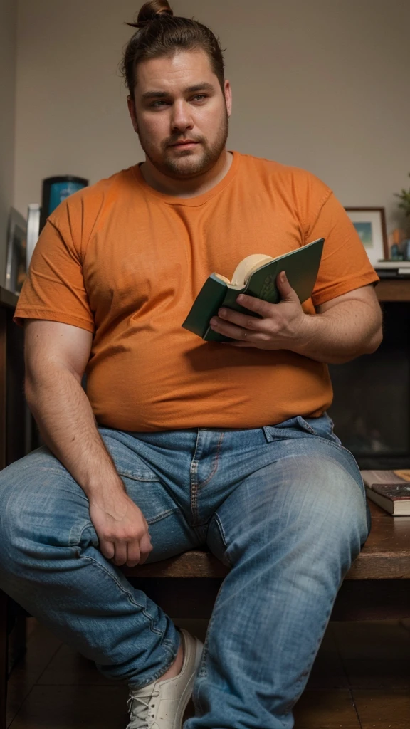 The best quality, Masterpiece, ultra-high-resolution, portrait, (photorealistic:1.4), RAW photo, Handsome manly overweight man, reading the book, interesing, top knot, with smooth crew neck shirt orange color basic, jeans jeans, Boots, barba, detailed facial textures