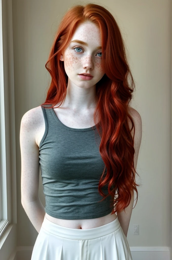 1 girl in, 19yearsold, standing alone, aesthetic art, Irish, wavy red hair, Hair to the shoulders, freckles, pale skin, A glass, breasts small, runner&#39;s body, (texturized skin, skin pore:1.1), shiver, sitting at the beach, selfie style photo, sexy bikini