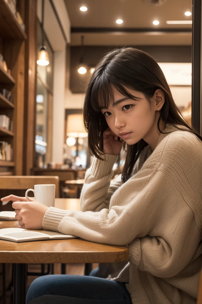A person sitting in a cozy cafe, with an open philosophy book and a thoughtful expression, reflecting on deep questions.