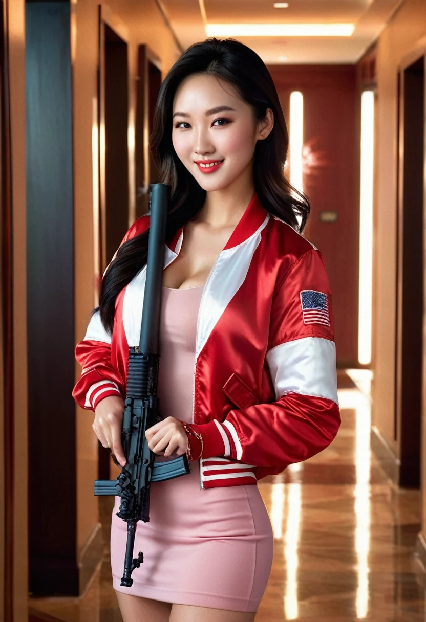 Half body photo, 1 beautiful Asian girl; coy smile, red and white satin bomber jacket; (holding a full size m16 rifle in in her hands:1.4), m16 rifle black satin skirt,, long hair,wearing jewelry, natural makeup, extremely detailed eyes and face, lovely smile, delicate blush, sensuous lips, intricate facial details, perfect skin, flawless skin texture perfect, ; standing in a long hallway with many doors, evening lighting, vivid colors, , subtle , dreamy, luxurious atmosphere, low lighting; Super high quality, surreal, 8K, high resolution, masterpiece, detailed, extremely magical, professional cinematic lighting, , vibrant colors; Fine brushstrokes,ethereal vibe,mesmerizing gaze,dreamy atmosphere,blending elegance,subtle color gradients,,understated beauty. In the background several men lay unconscious on the hallway floor