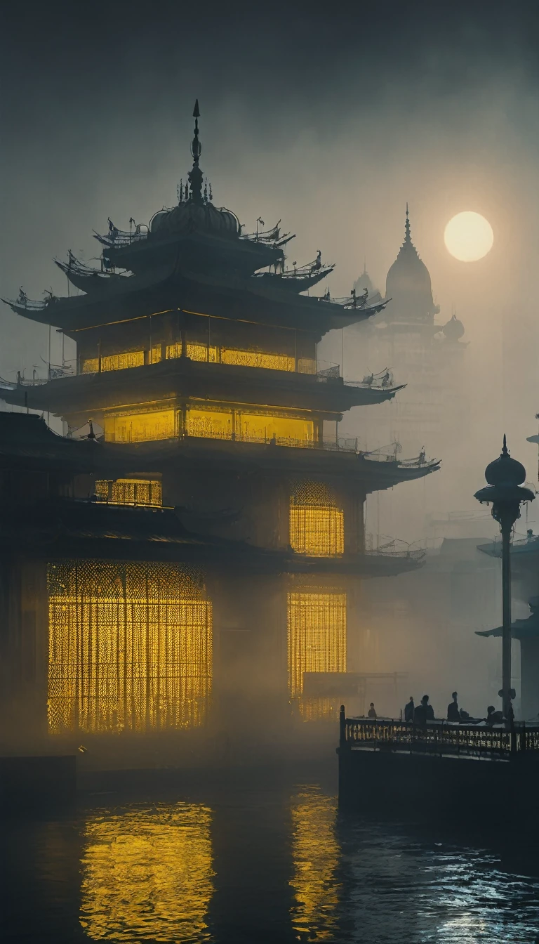 a golden temple Amritsar foggy sky, (neotokyo), dark gurdwara, still from the movie bladerunner, dystopian atmosphere, cyberpunk
, akira movie style, neo brutalism, neotokyo source, brutalist dark fantasy, blade runner concept art, dystopian brutalist atmosphere, cyberpunk horror style, dystopian art, dystopian mood, bladerunner apartment