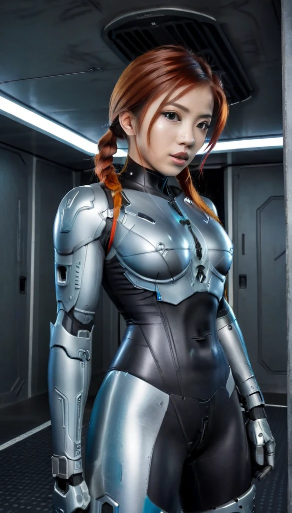 1 Girl、Medium Bust、solo、red Hair、Braid、Mobile Race Suit、Shoulder Armor、ceiling、Wide Shot、Looking Ahead、zipup suit 、Closed Mouth、Highest quality、medium quality、22 years old、Mobile Trace System、cockpit、Asian、CyborgCosplay

