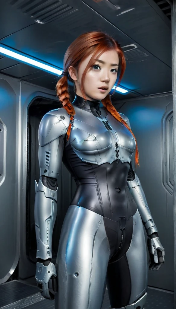 1 Girl、Medium Bust、solo、red Hair、Braid、Mobile Race Suit、Shoulder Armor、ceiling、Wide Shot、Looking Ahead、zipup suit 、Closed Mouth、Highest quality、medium quality、22 years old、Mobile Trace System、cockpit、Asian、CyborgCosplay

