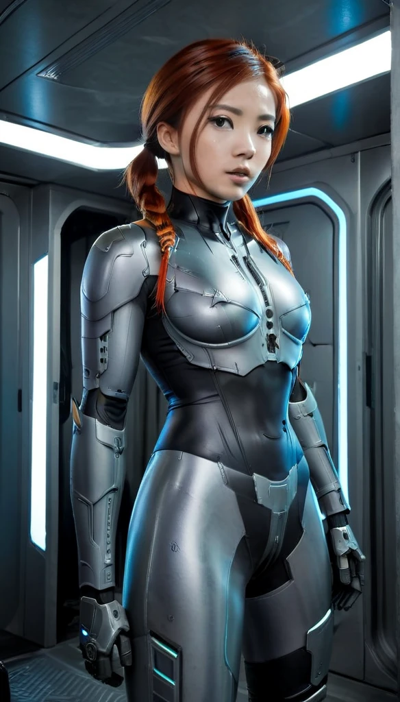 1 Girl、Medium Bust、solo、red Hair、Braid、Mobile Race Suit、Shoulder Armor、ceiling、Wide Shot、Looking Ahead、zipup suit 、Closed Mouth、Highest quality、medium quality、22 years old、Mobile Trace System、cockpit、Asian、CyborgCosplay

