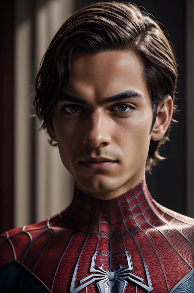 A photograph of Spider-Man., sin mascara, the 20s, elegant, detailed face, looking to the camera, portrait, 8k hd, high quality