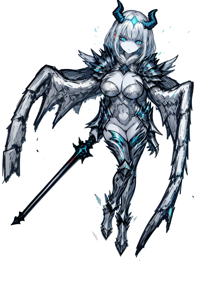 1girl ,white hair,blue eyes, pale skinned beast, white dragon, dragon horns, polar, ice knight , heavy armor, nice clothes, archer, (high resolution, high detail, best quality), calm, big breasts