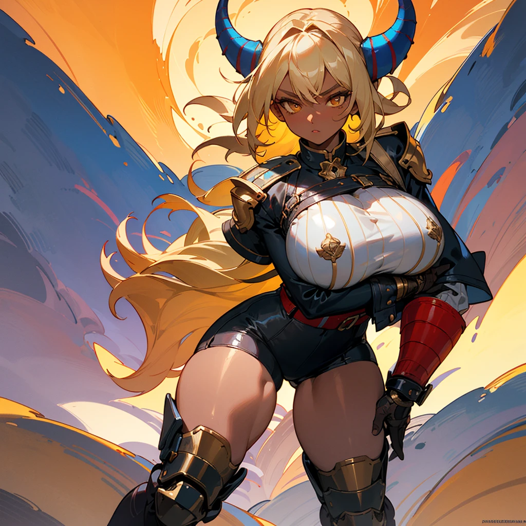 ((best quality)), ((masterpiece)), (detailed), 1girl, 8k_wallpaper, extremely detailed eyes, extremely detailed body, (large masterpiece digital art), ((perfect anatomy huge chest)), (intricate details:1.3 ), (ultra-detailed:1.3), (sharp focus:1.3), (natural lighting:1.05), (vivid colors:1.3), (best quality:1.4), high quality, expressive eyes, full body, tall girl, detailed face, beautiful face, perfect face, detailed ((blonde hair)), (gold eyes), ((large big red and blue horns)), {{dark skin}}, ({dark skinned female}), gigantic breasts, thick thighs, strong arm and leg muscles, strong abdominal muscles, Monster women, Korean women, wearing a modern short black cloth jacket with rolled up sleeves, (wearing heavy gold colored steel cyberpunk armor), a wide red leather belt with blue steel yarn, steel boots, steel thigh guards, a military radio hangs on her belt, a biker girl, she rides on another planet along a lilac field against the backdrop of a blue desert and high red mountains,