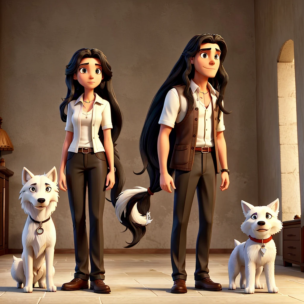 Image of a tall man with short hair, a woman with long black hair, a large white wolfdog, and a small brown dog
