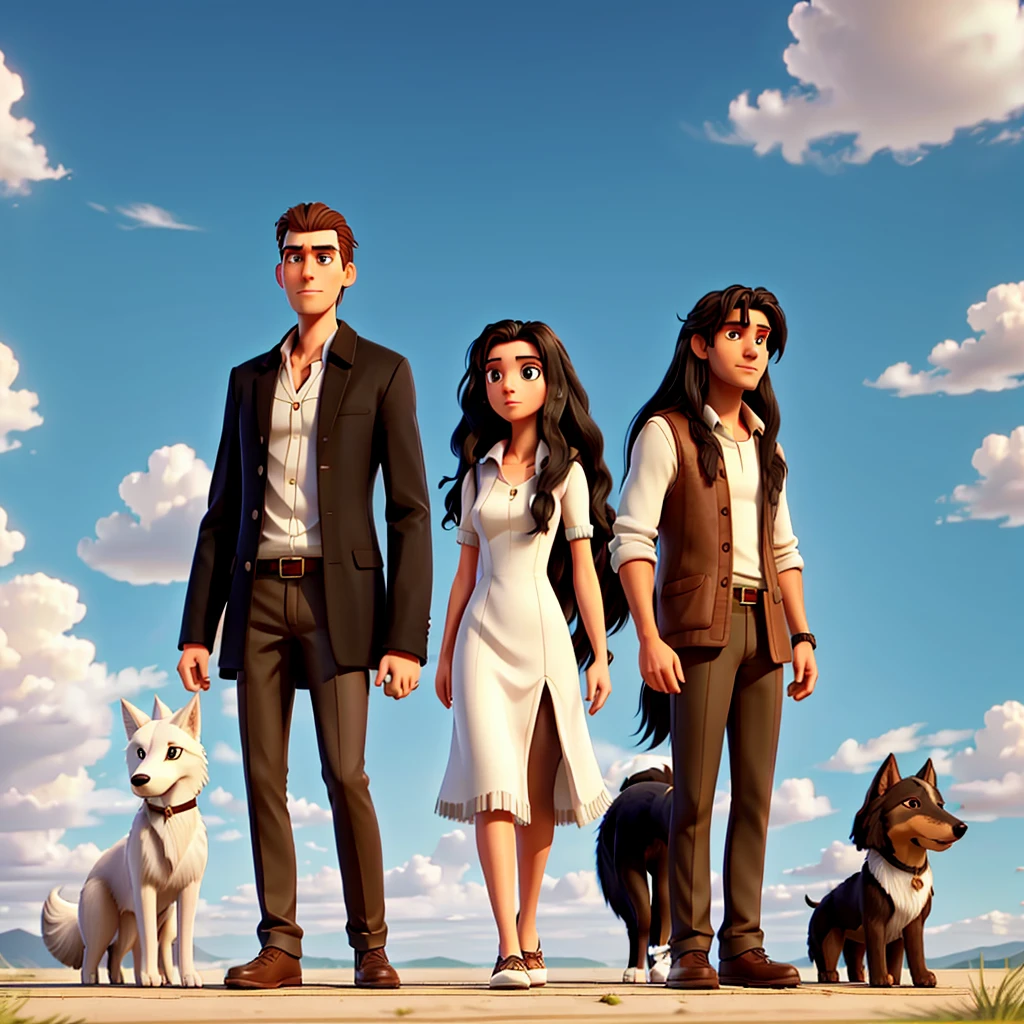 Image of a tall man with short hair, a woman with long black hair, a large white wolfdog, and a small brown dog
