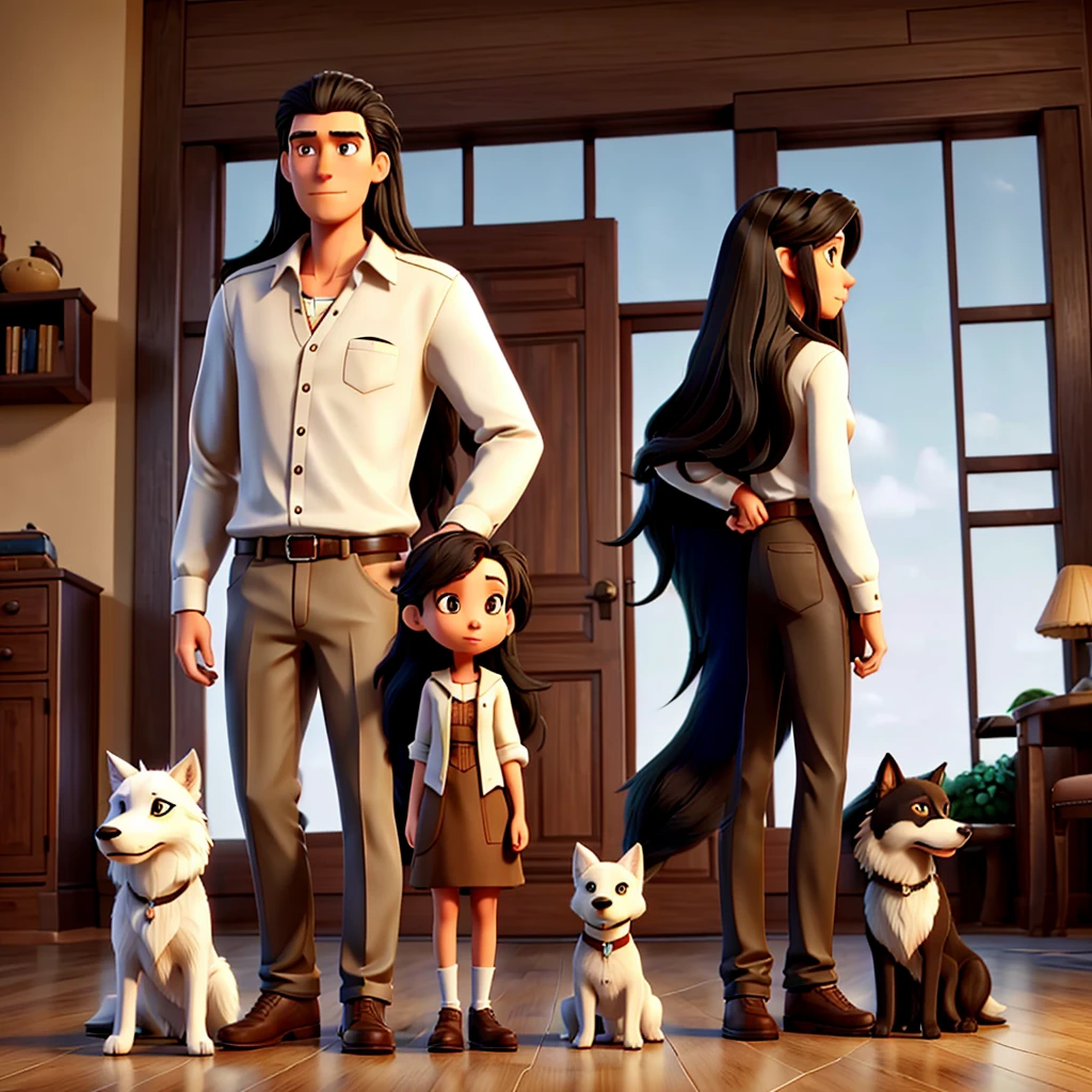 Image of a tall man with short hair, a woman with long black hair, a large white wolfdog, and a small brown dog