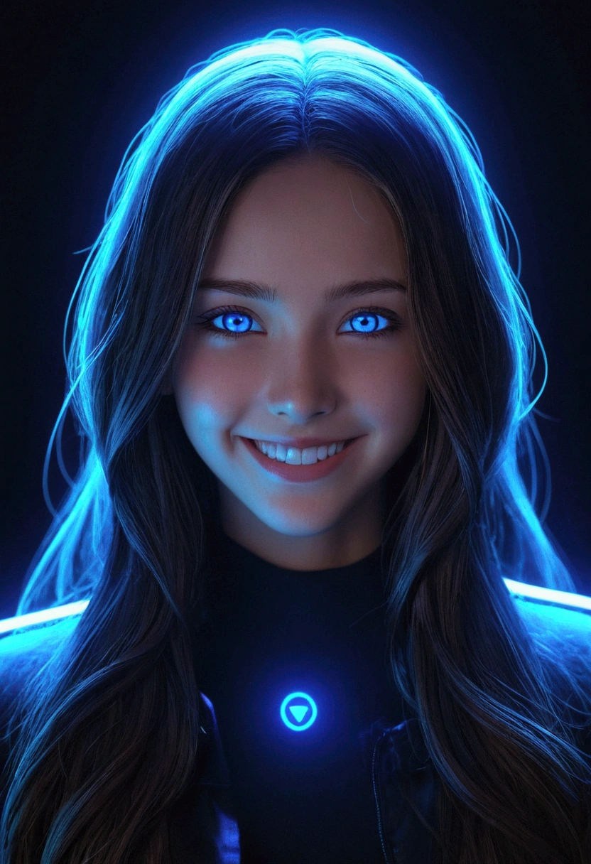 source_anim, score_9, score_8_up, score_7_up, score_6_up, night, color light, darkness, blue light, glowing eyes, darkness background, neon symbols in background, long hair, smile
