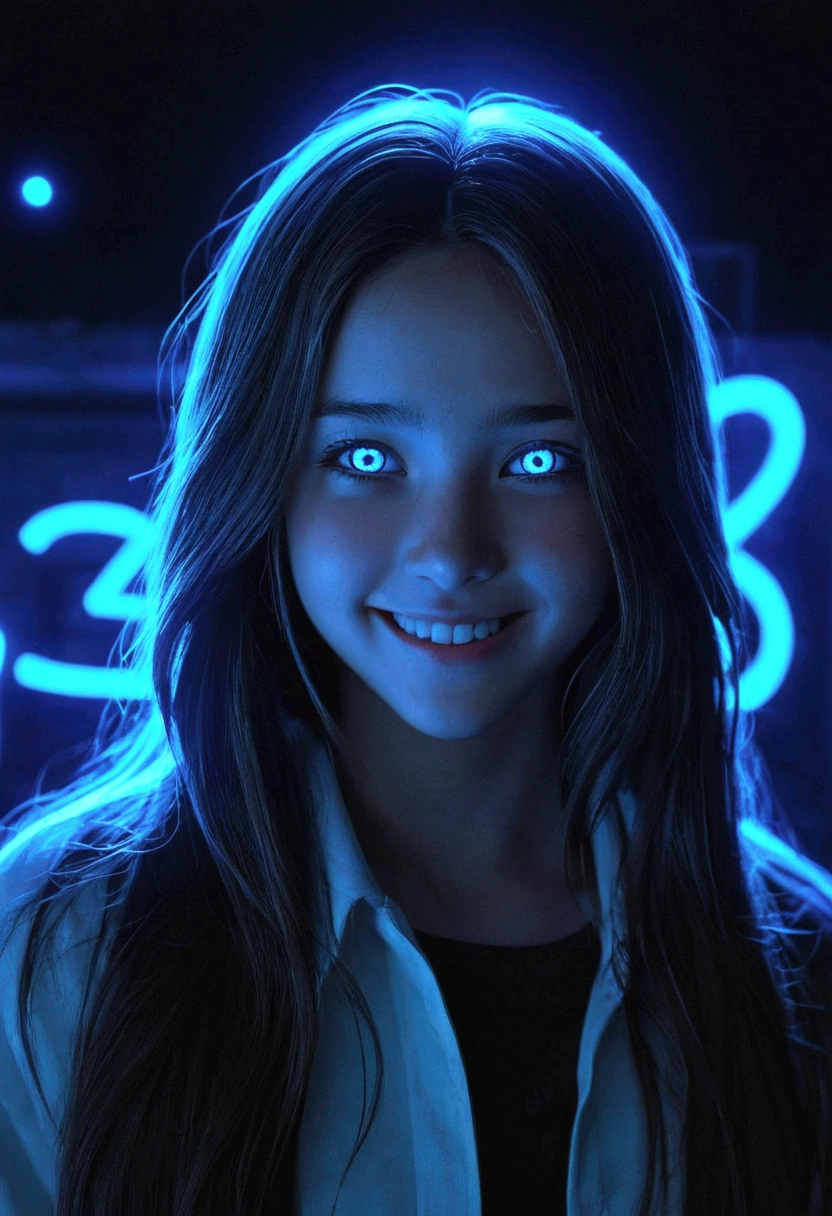 source_anim, score_9, score_8_up, score_7_up, score_6_up, night, color light, darkness, blue light, glowing eyes, darkness background, neon symbols in background, long hair, smile