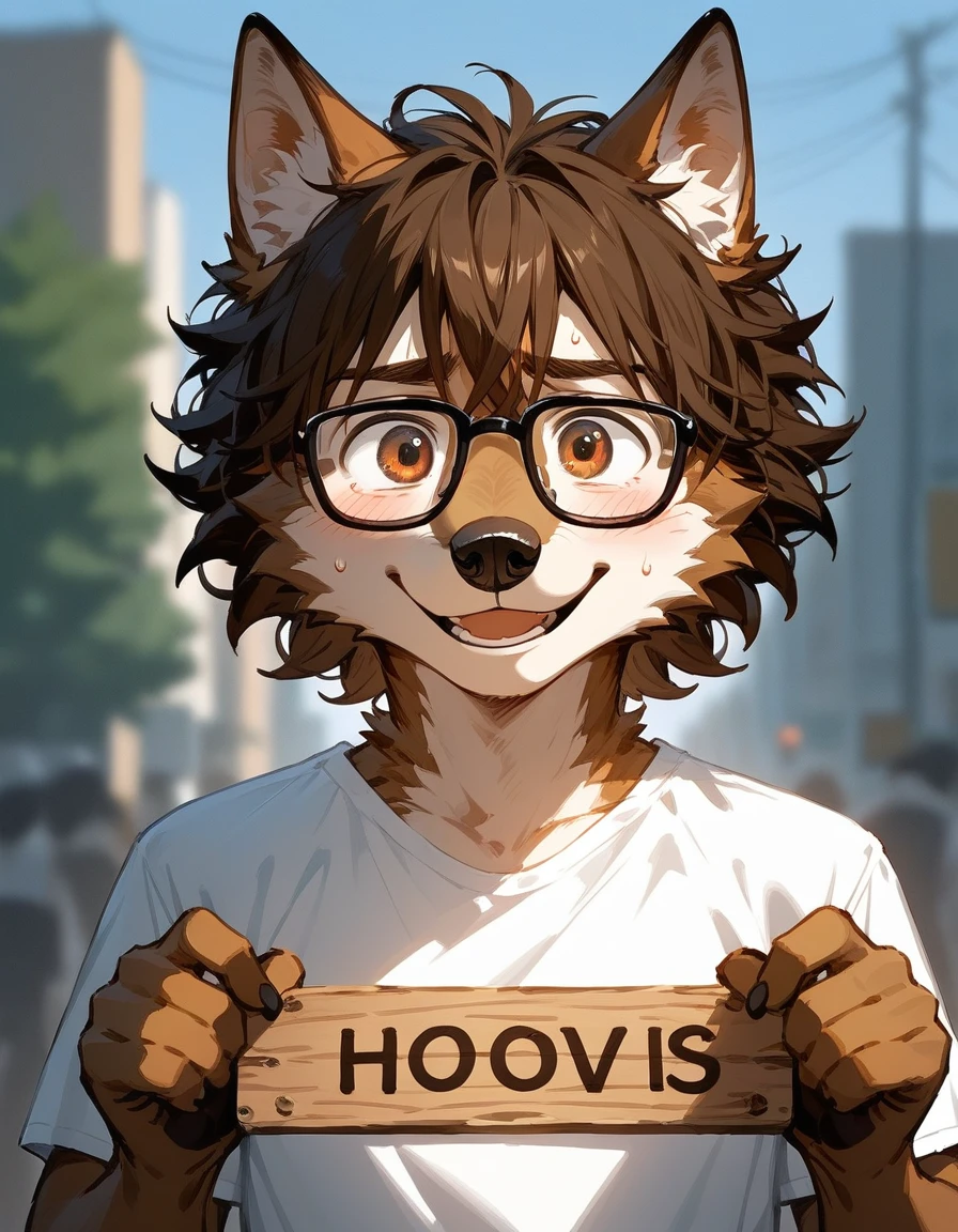 score_9,score_8_up,score_7_up, 2d art, an Anthro furry male wolf, adult male, brown eyes, brown shaggy hair, black glasses, wearing white t shirt, he looks nervous, upper body shot, front view, looking at viewer, holding up a blank sign, smiling nervously, sweating