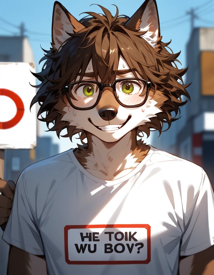 score_9,score_8_up,score_7_up, 2d art, an Anthro furry male wolf, adult male, brown eyes, brown shaggy hair, black glasses, wearing white t shirt, he looks nervous, upper body shot, front view, looking at viewer, holding up a blank sign, smiling nervously, sweating