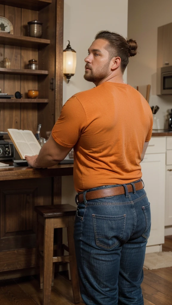 The best quality, Masterpiece, ultra-high-resolution, portrait, (photorealistic:1.4), RAW photo, Handsome manly overweight man, reading the book, view from the back interesting, top knot, with smooth crew neck shirt orange color basic, jeans jeans, Boots, barba, detailed facial textures