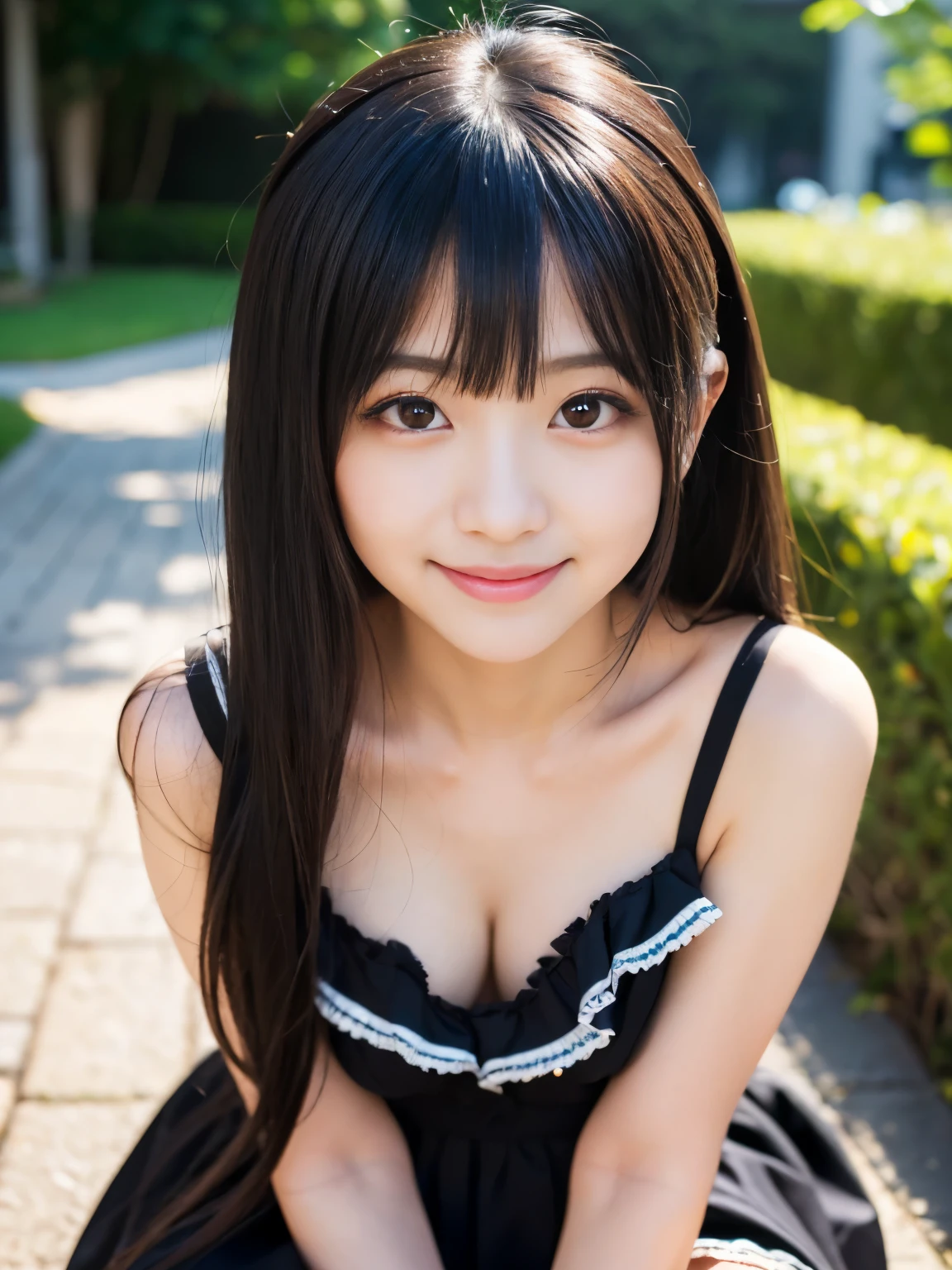 (Best-quality, Masterpiece, Ultra-High-Resolution, (Photorealistic:1.4), Raw Photo, depth of field, professional lighting, perfect anatomy, extremely details), ((Magnificent-view)), 1girl, 15-years-old, the most famous Japanese-idol, dynamic-pose, wearing casual-dress, looking at viewer, ((innocent-smile)), (extremely cute and extremely childish face like the most popular Japanese-idol, (((extremely cute and extremely big black-eyes))), extremely beautiful black-long-hair, (((extremely beautiful and extremely realistic skins))), extremely cute lips, extremely cute long-eyelashes, extremely skinny body)