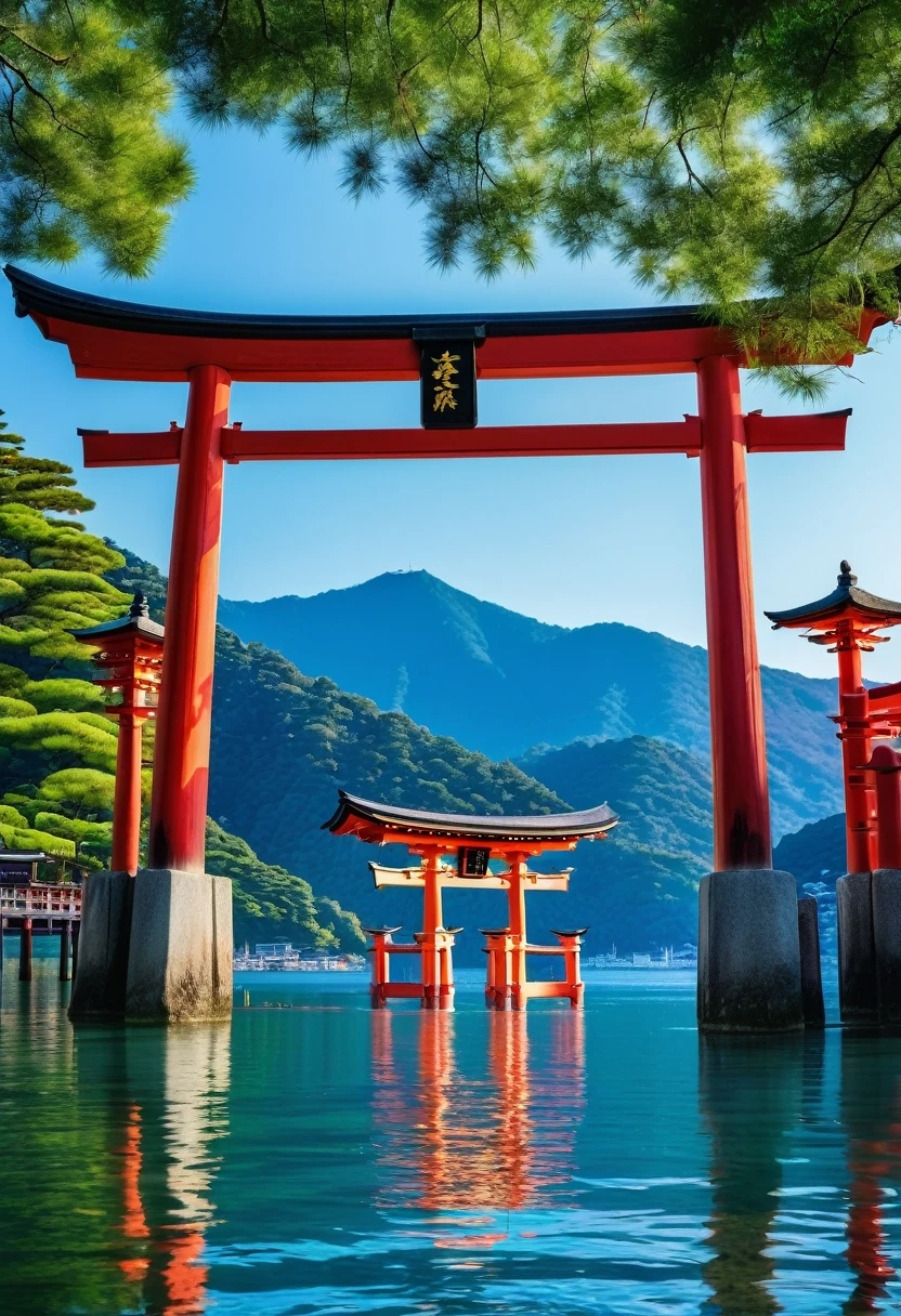 "A picturesque view of the Itsukushima Shrine's floating torii gate in Miyajima, Japan. The majestic red gate stands in the serene blue waters, with the reflection shimmering below. The background features lush green mountains and a clear blue sky, creating a peaceful and awe-inspiring scene."

